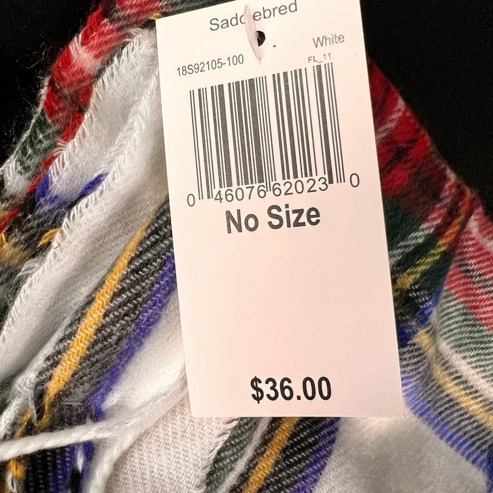 Saddlebred Plaid Scarf Unisex OS White NEW Tartan Fringed Acrylic Made in Italy